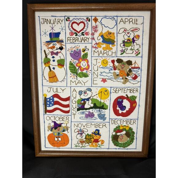 Vintage 1981 Dimensions Needlepoint Framed Embroidery Completed Months Activity - Picture 1 of 5